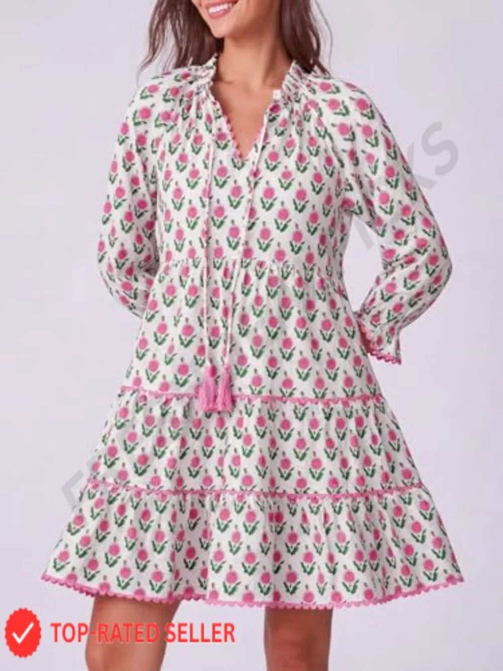 Long Sleeve Floral Ruffle V Neck Mini Babydoll Dress with Pockets - Picture 4 of 5
